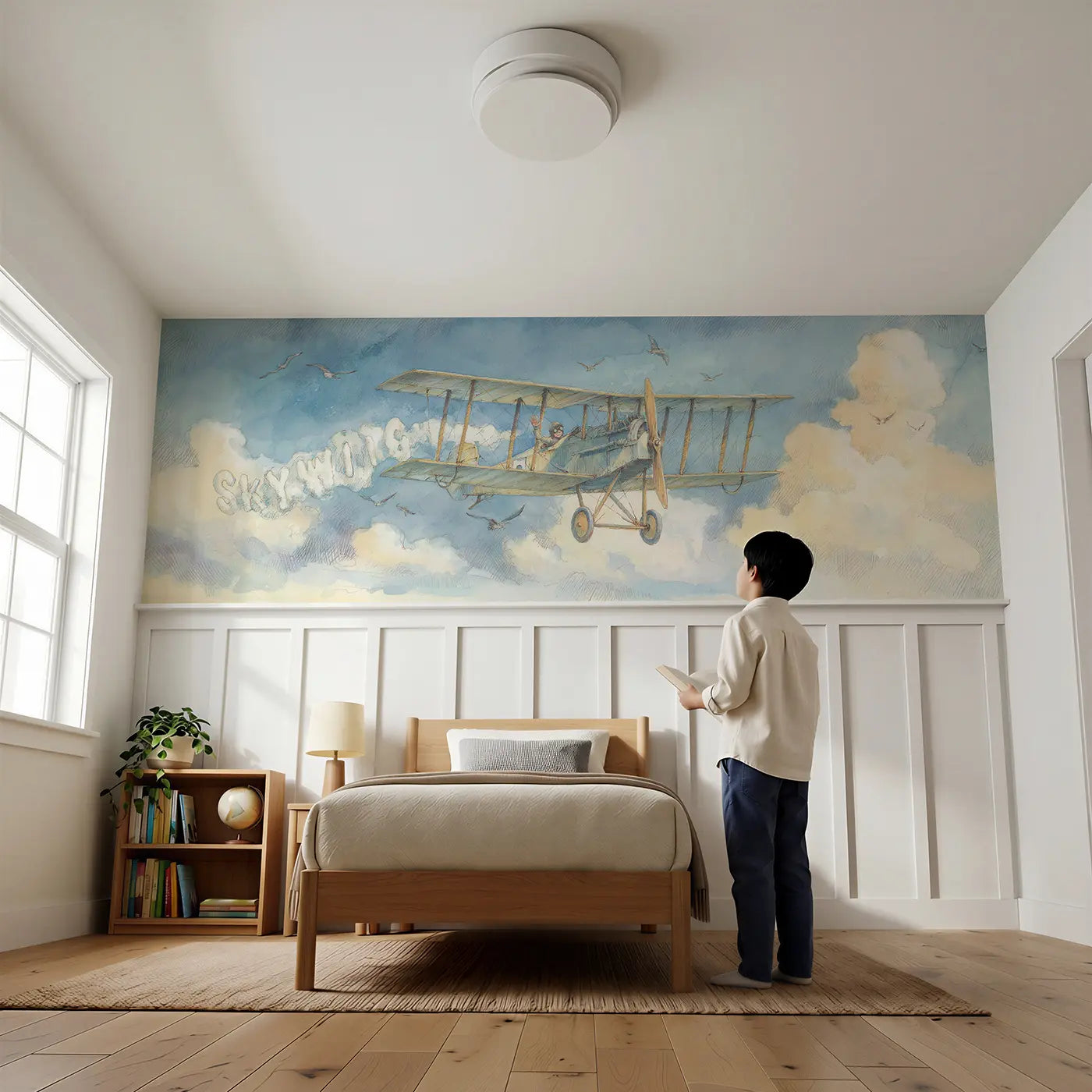 Child reading near Biplane Skywriting Letters Wainscoting Wallpaper by Whimsy Tots