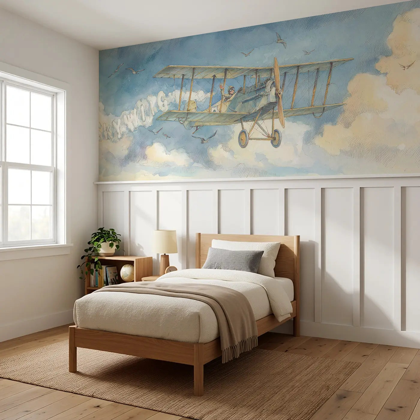 Biplane Skywriting Letters Wainscoting Wallpaper styled in a kids bedroom by Whimsy Tots