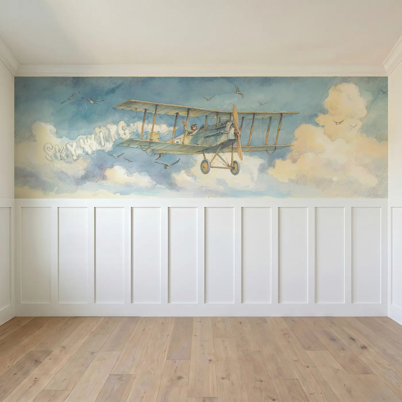Full panel view of Biplane Skywriting Letters Wainscoting Wallpaper by Whimsy Tots