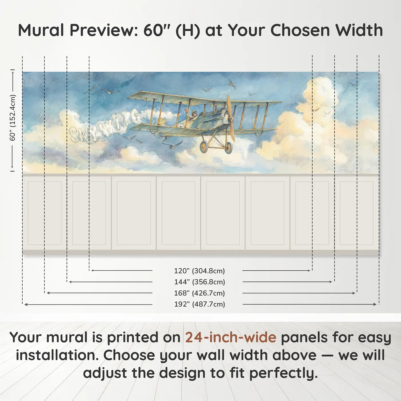 Panel dimensions for Biplane Skywriting Letters Wainscoting Wallpaper by Whimsy Tots
