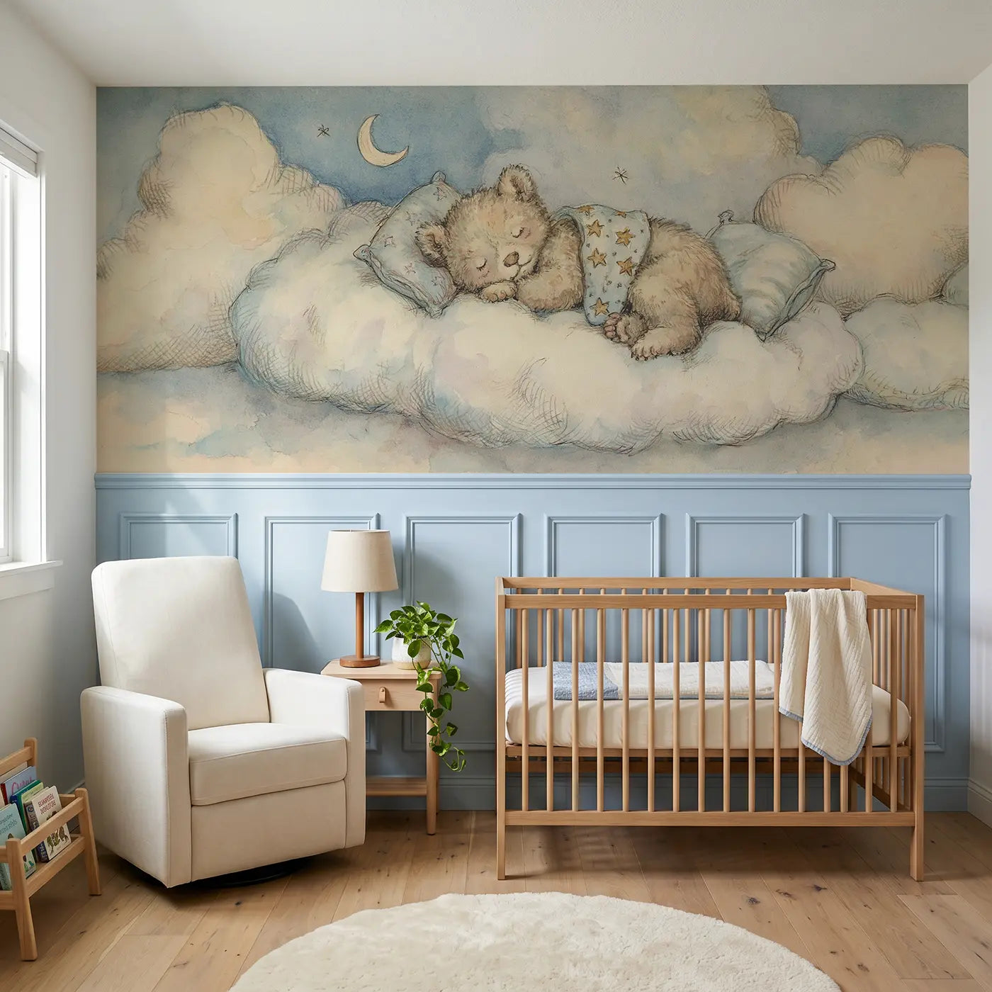 Storybook bear cub cloud nap wainscoting wallpaper for nursery by Whimsy Tots