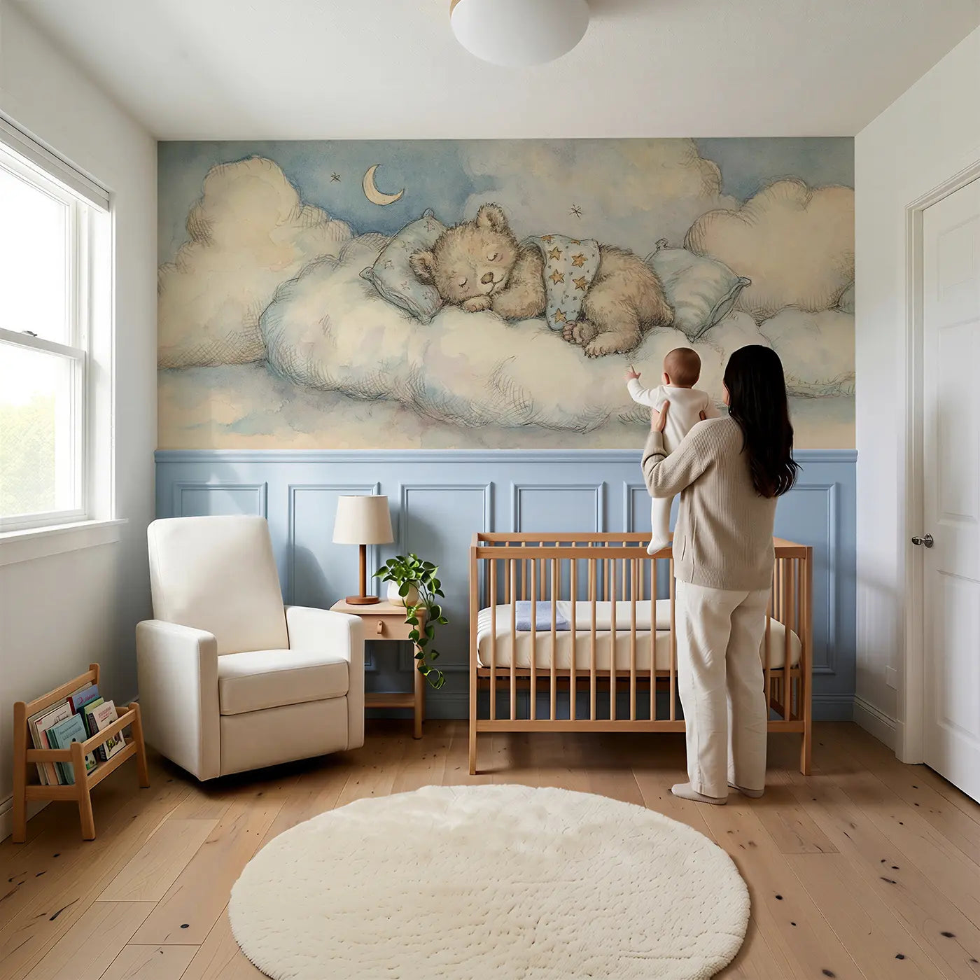 Child reading near Bear Cub Cloud Nap Wainscoting Wallpaper by Whimsy Tots