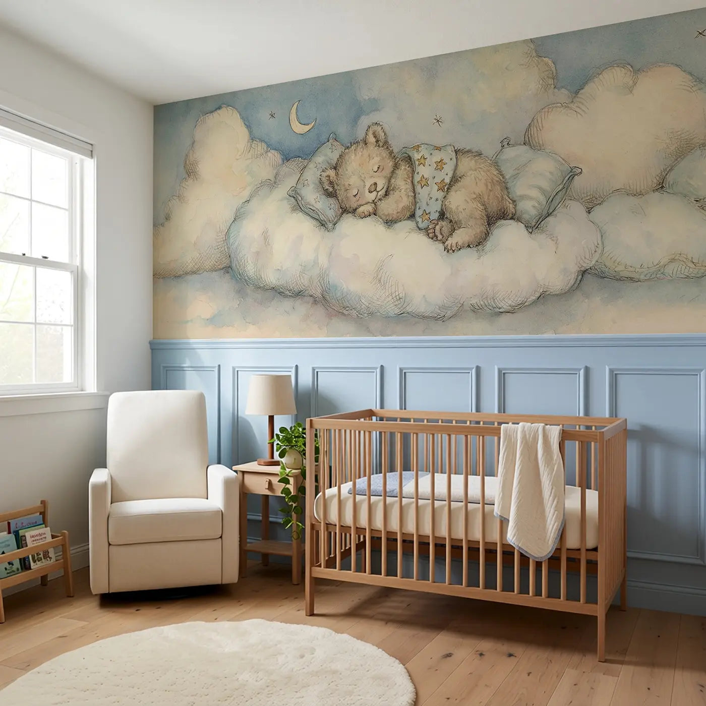 Bear Cub Cloud Nap Wainscoting Wallpaper styled in a kids bedroom by Whimsy Tots