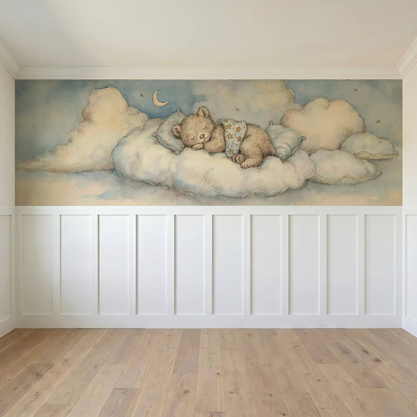 Full panel view of Bear Cub Cloud Nap Wainscoting Wallpaper by Whimsy Tots