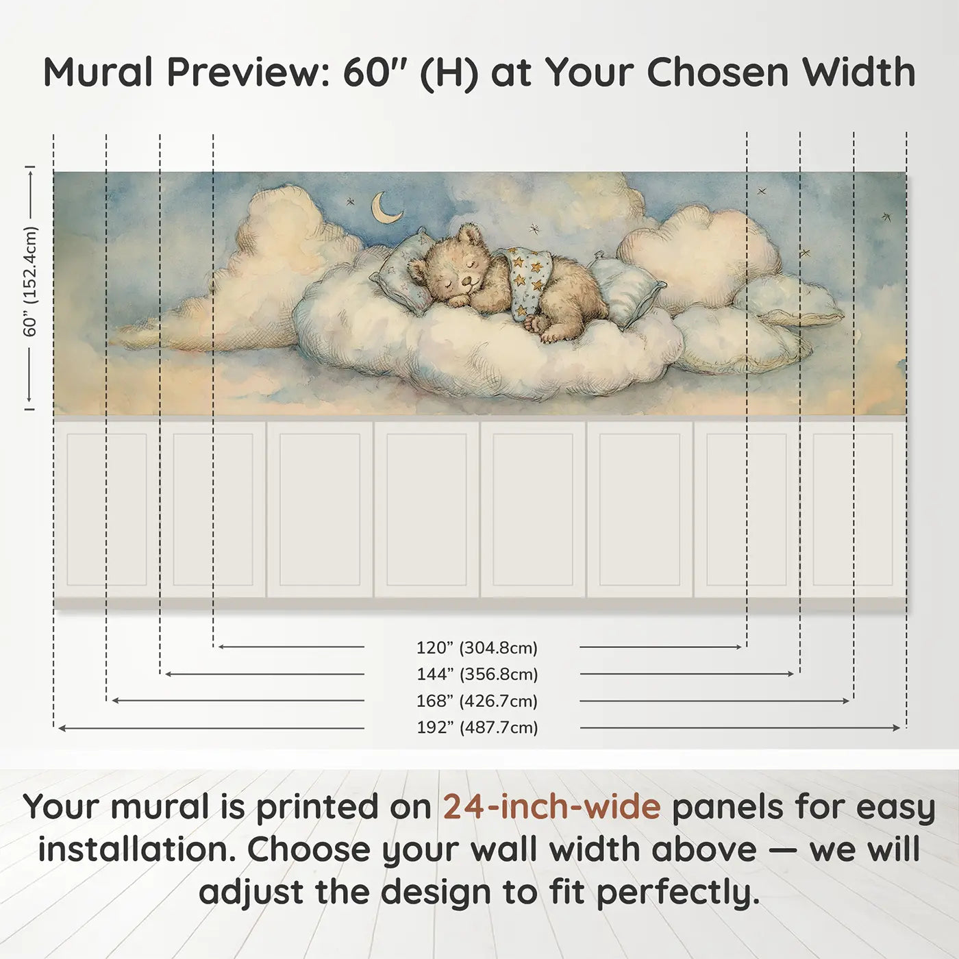Panel dimensions for Bear Cub Cloud Nap Wainscoting Wallpaper by Whimsy Tots