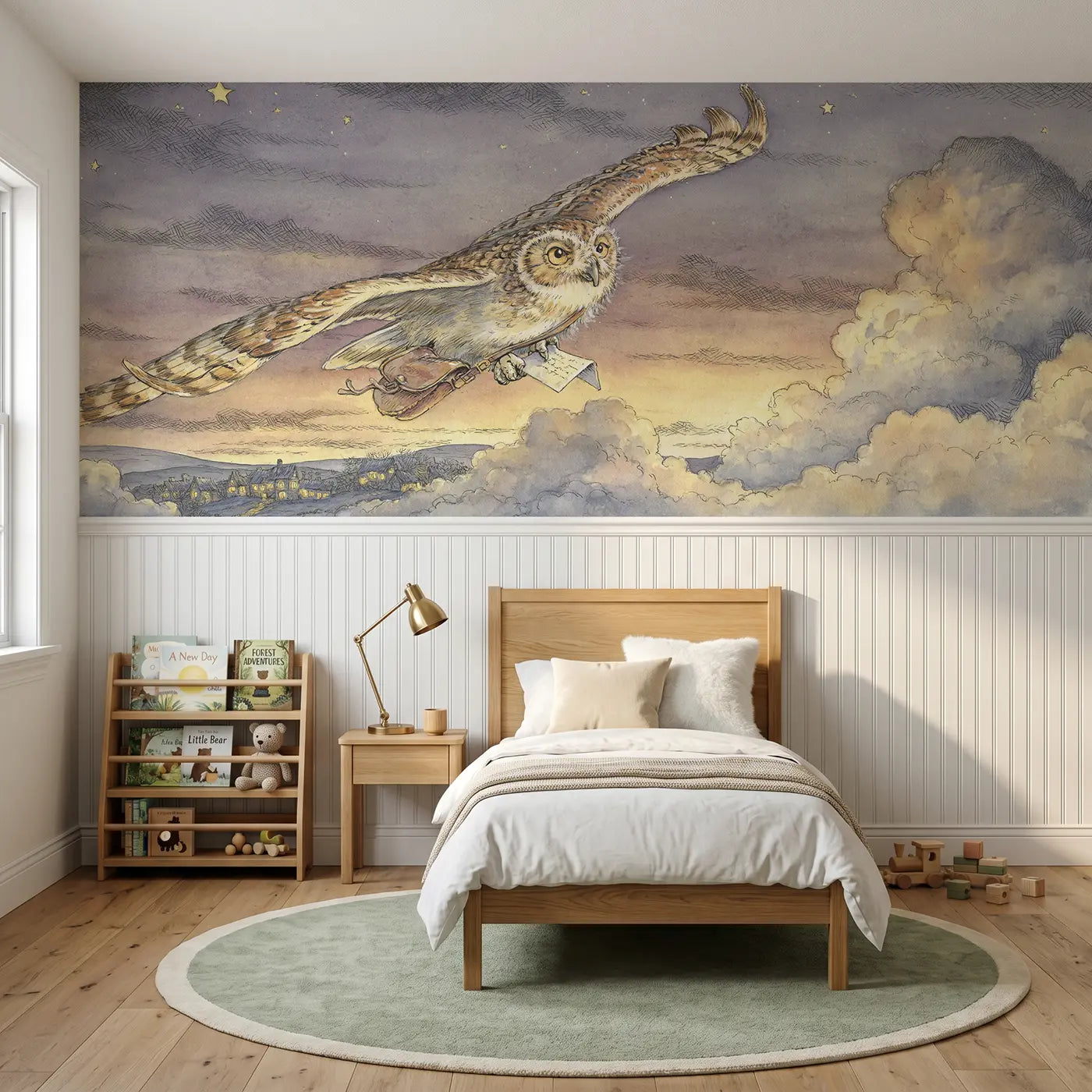 Storybook owl mail delivery sky wainscoting wallpaper for bedroom by Whimsy Tots