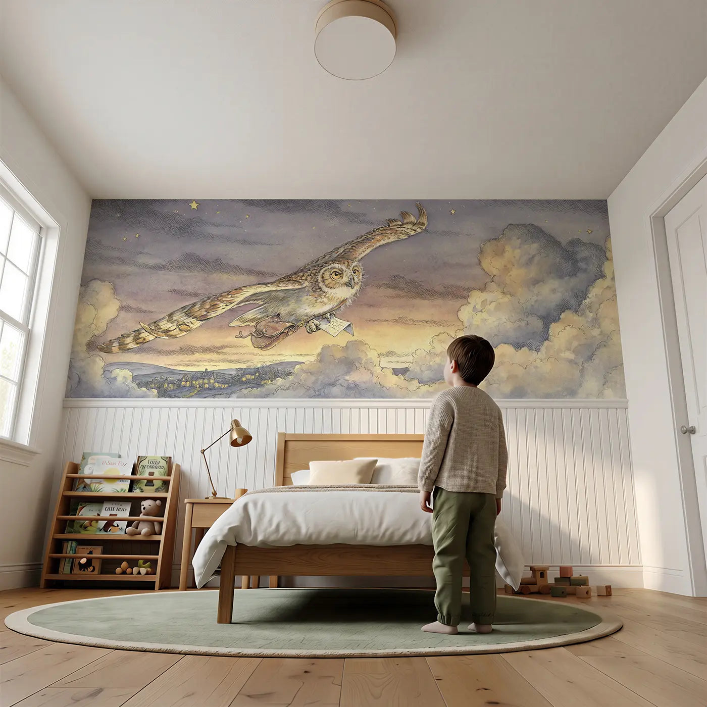 Child reading near Owl Mail Delivery Sky Wainscoting Wallpaper by Whimsy Tots
