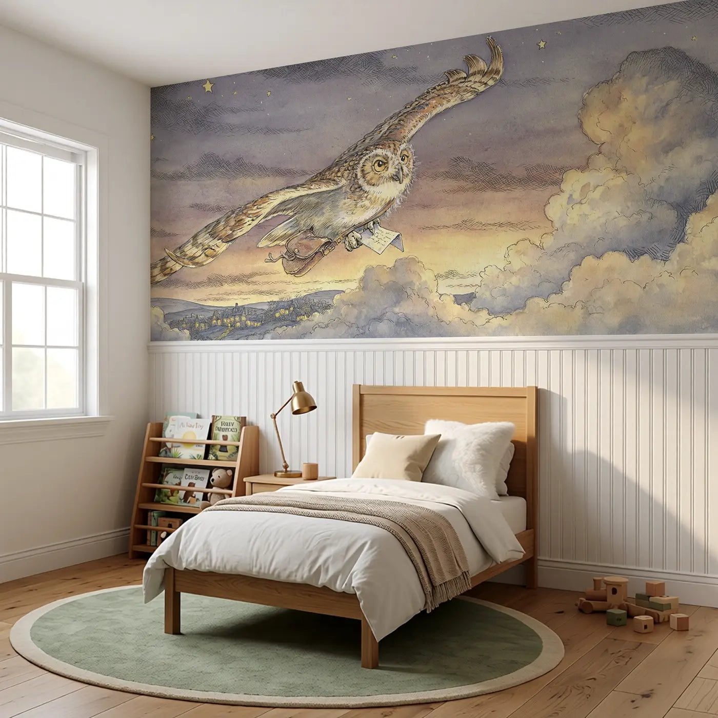 Owl Mail Delivery Sky Wainscoting Wallpaper styled in a kids bedroom by Whimsy Tots