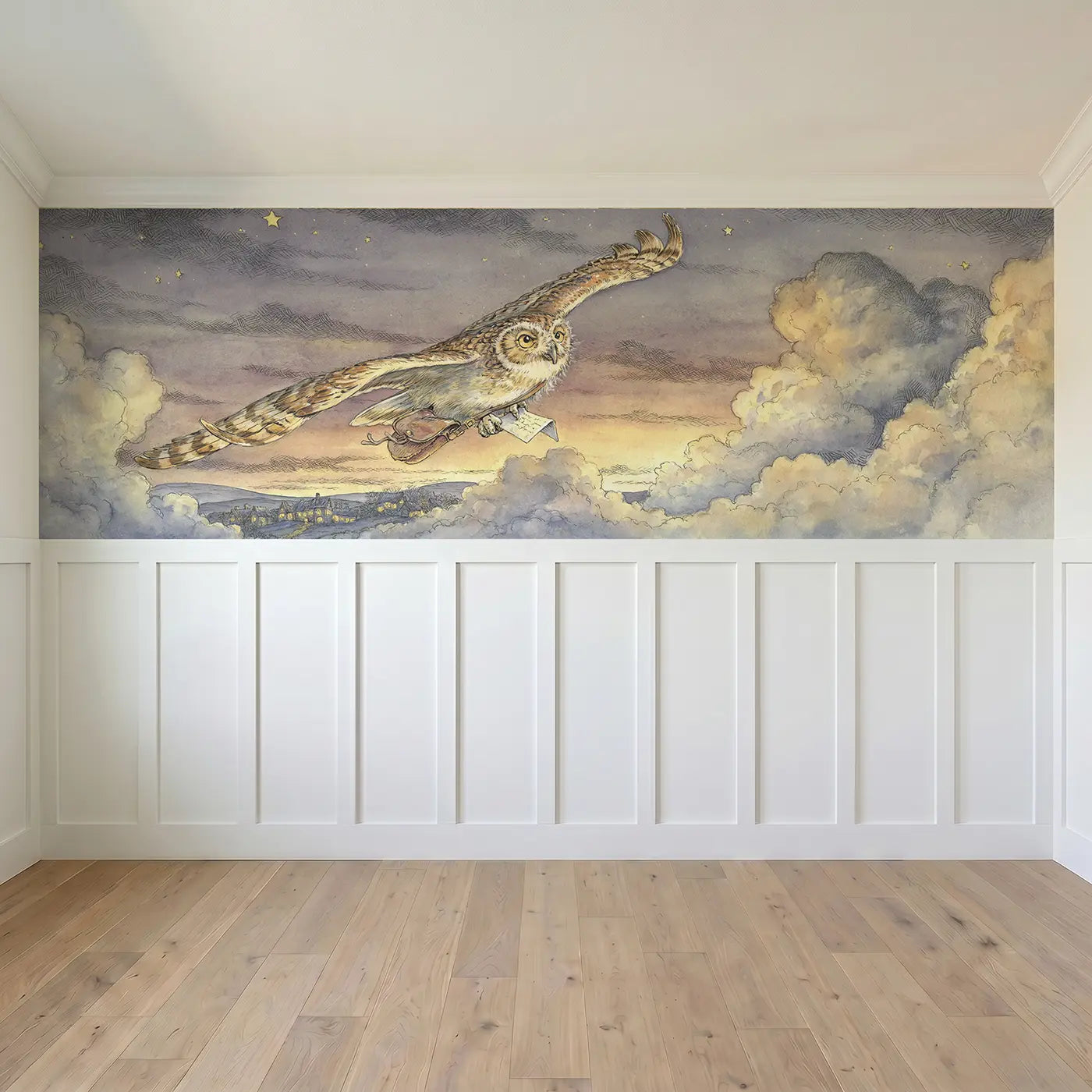 Full panel view of Owl Mail Delivery Sky Wainscoting Wallpaper by Whimsy Tots