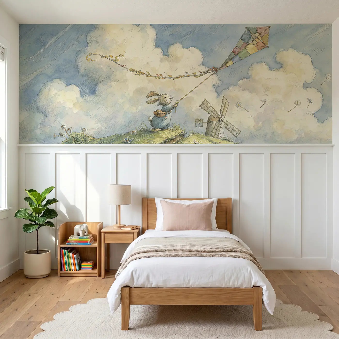 Storybook rabbit windmill kite day wainscoting wallpaper for nursery by Whimsy Tots