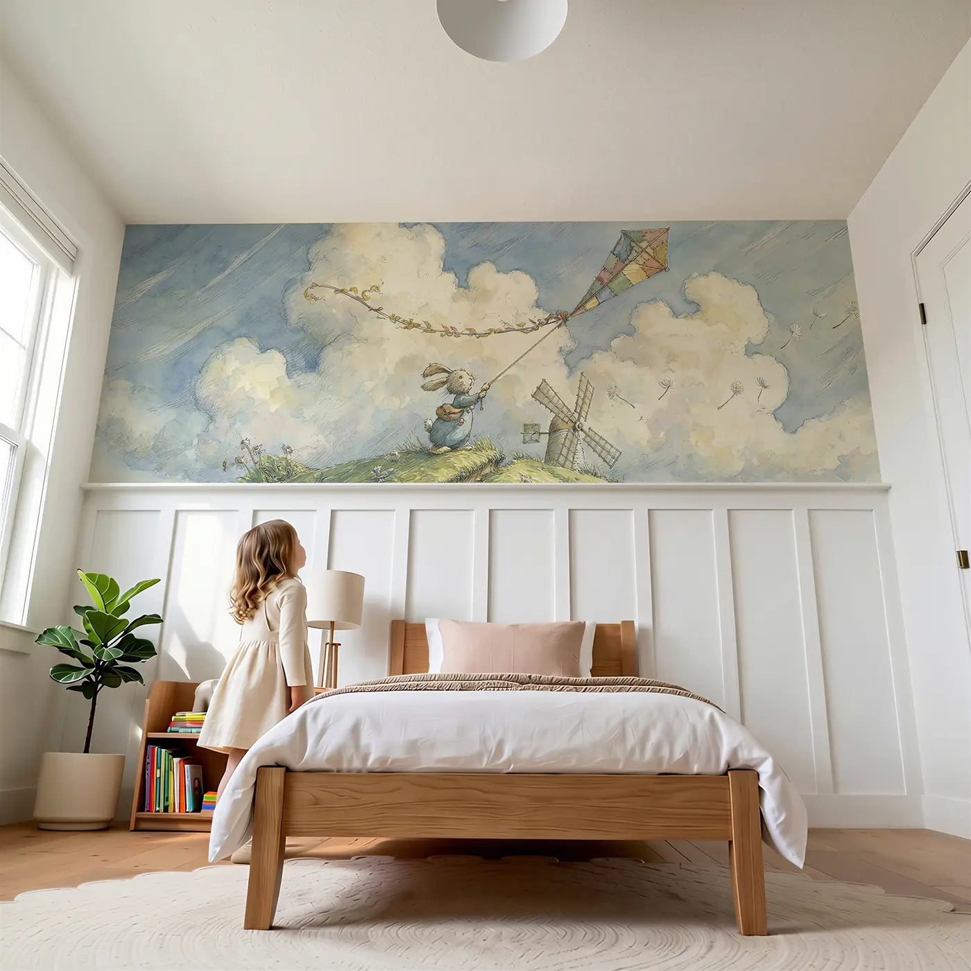 Child reading near Rabbit Windmill Kite Day Wainscoting Wallpaper by Whimsy Tots