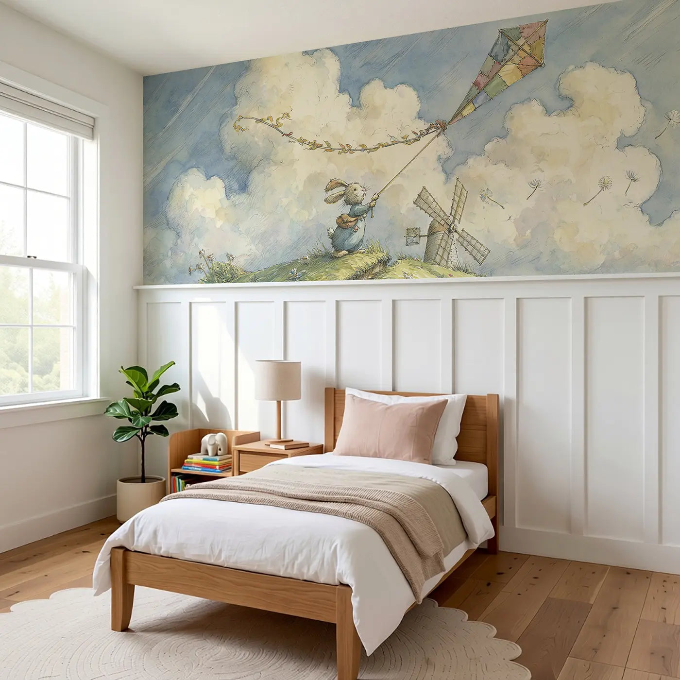 Rabbit Windmill Kite Day Wainscoting Wallpaper styled in a kids bedroom by Whimsy Tots