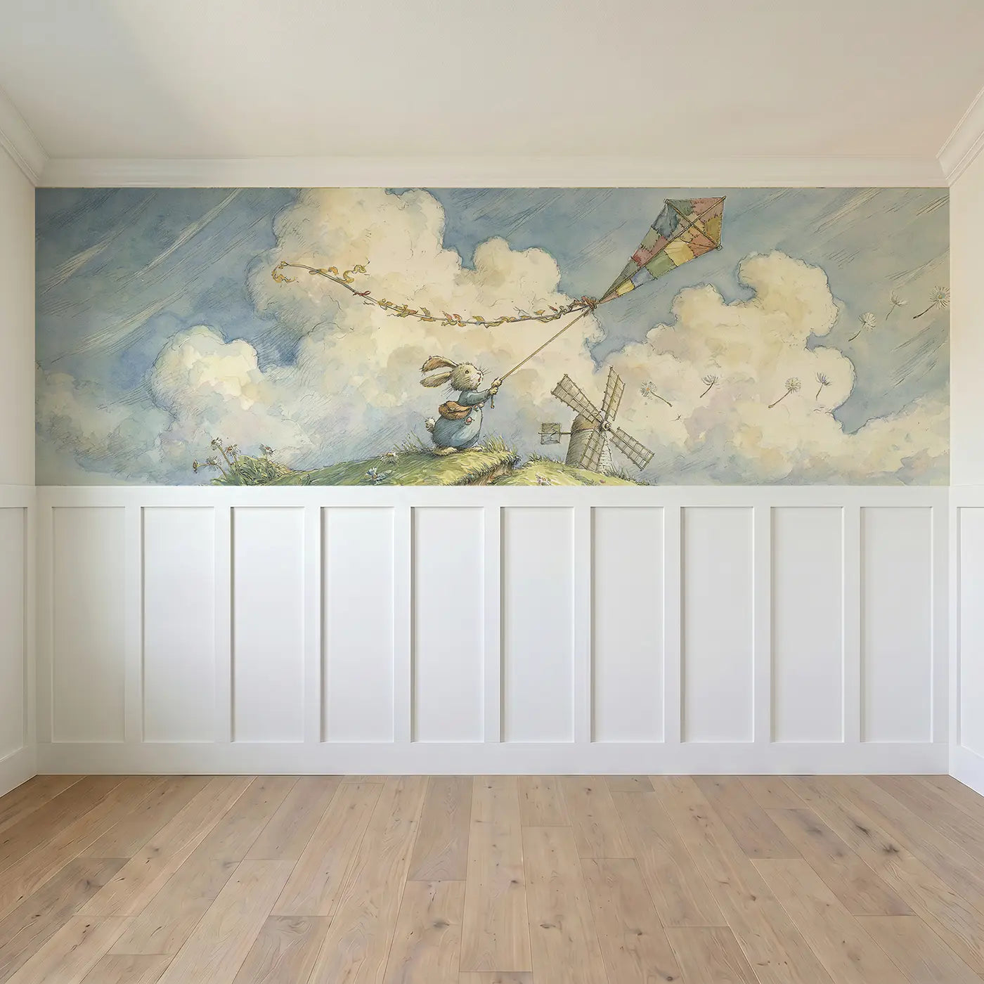 Full panel view of Rabbit Windmill Kite Day Wainscoting Wallpaper by Whimsy Tots