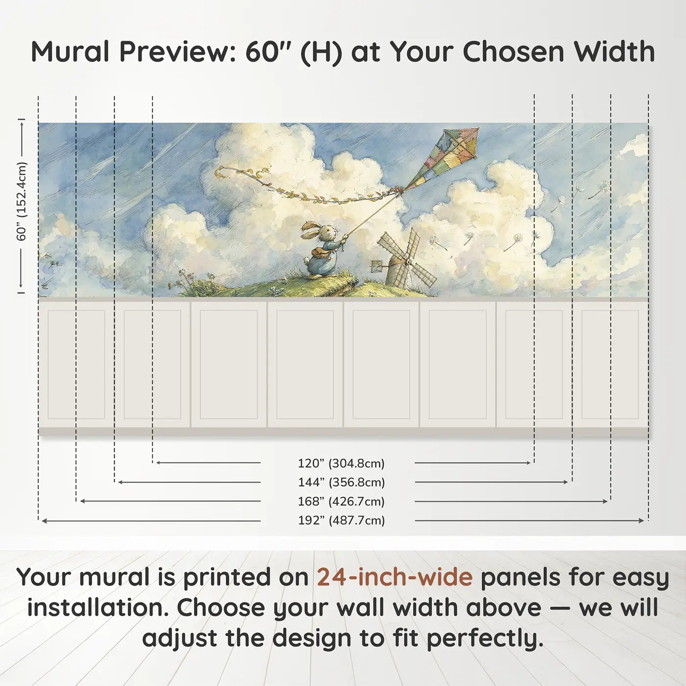 Panel dimensions for Rabbit Windmill Kite Day Wainscoting Wallpaper by Whimsy Tots