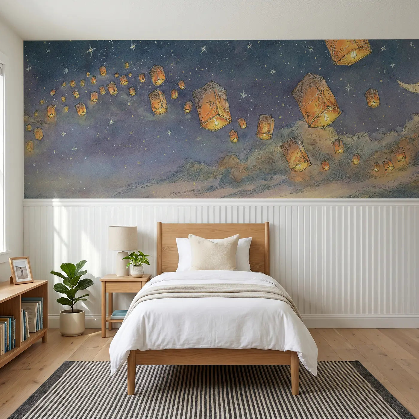 Storybook night sky lantern release wainscoting wallpaper for bedroom by Whimsy Tots