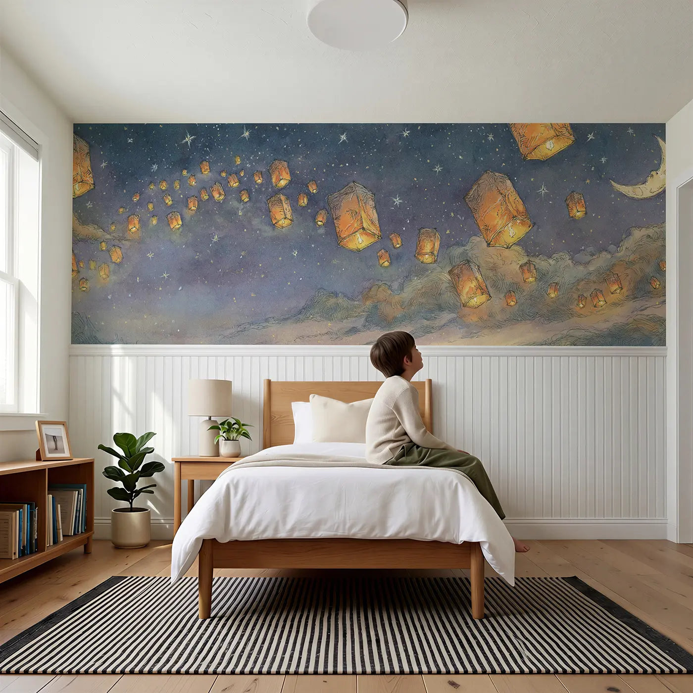 Child reading near Night Sky Lantern Release Wainscoting Wallpaper by Whimsy Tots