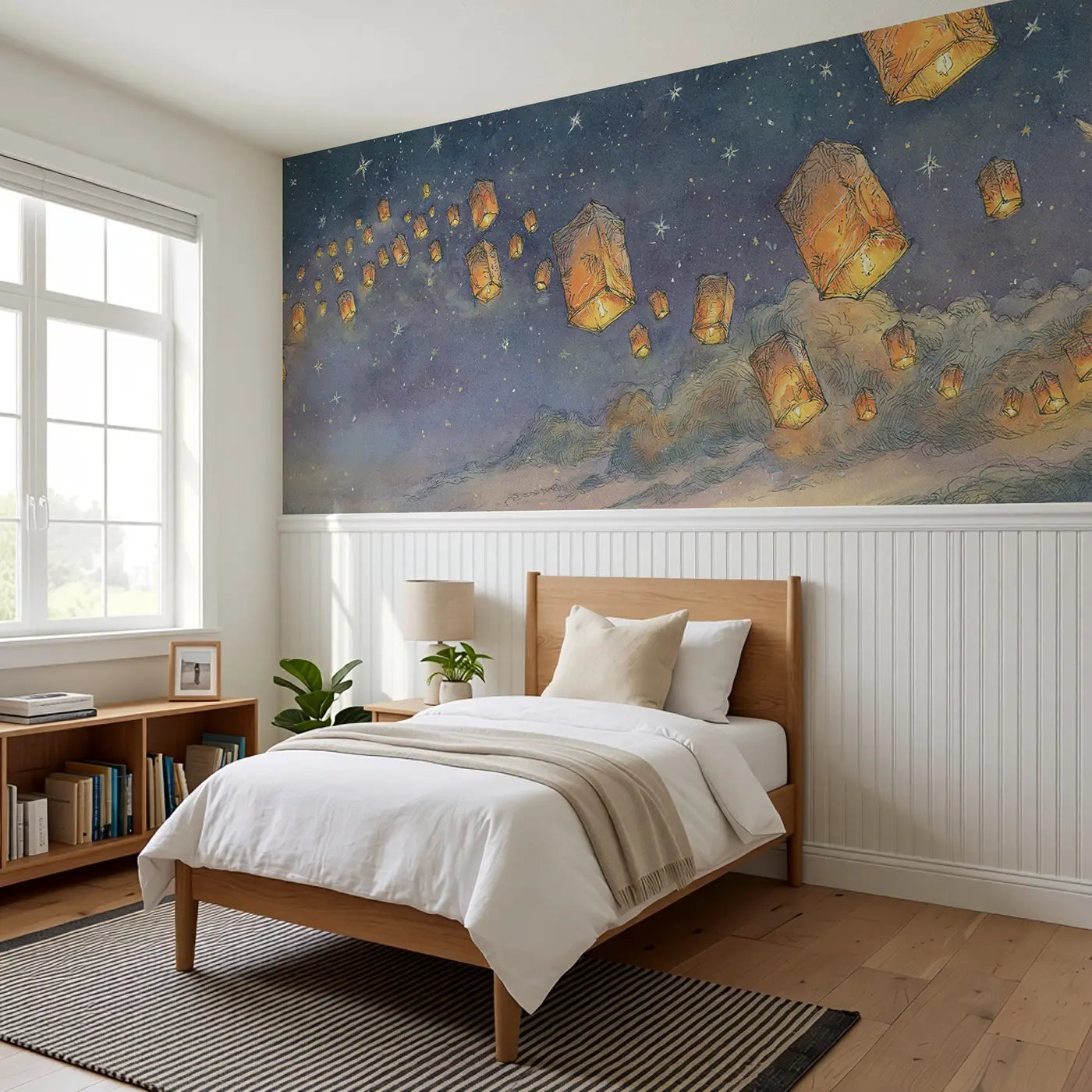 Night Sky Lantern Release Wainscoting Wallpaper styled in a kids bedroom by Whimsy Tots