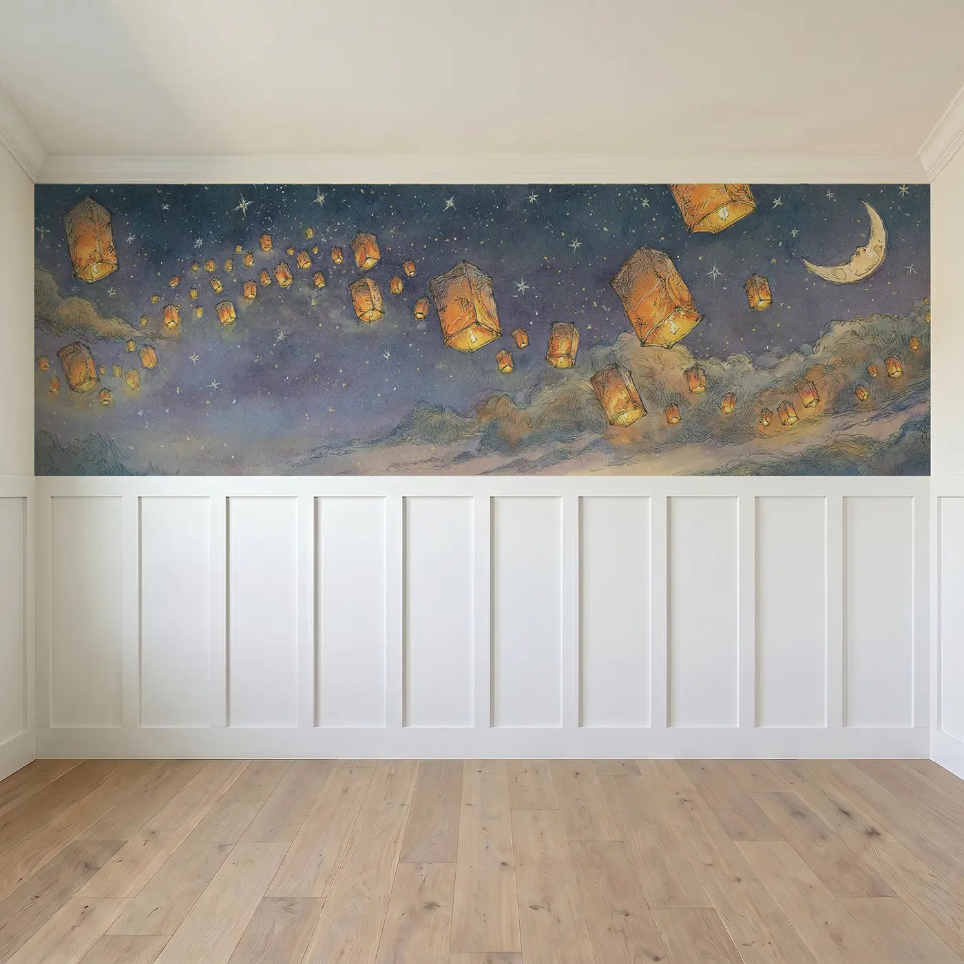 Full panel view of Night Sky Lantern Release Wainscoting Wallpaper by Whimsy Tots
