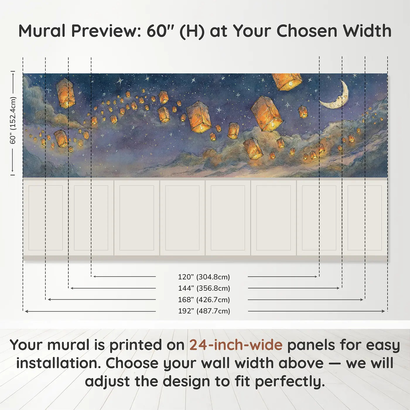 Panel dimensions for Night Sky Lantern Release Wainscoting Wallpaper by Whimsy Tots