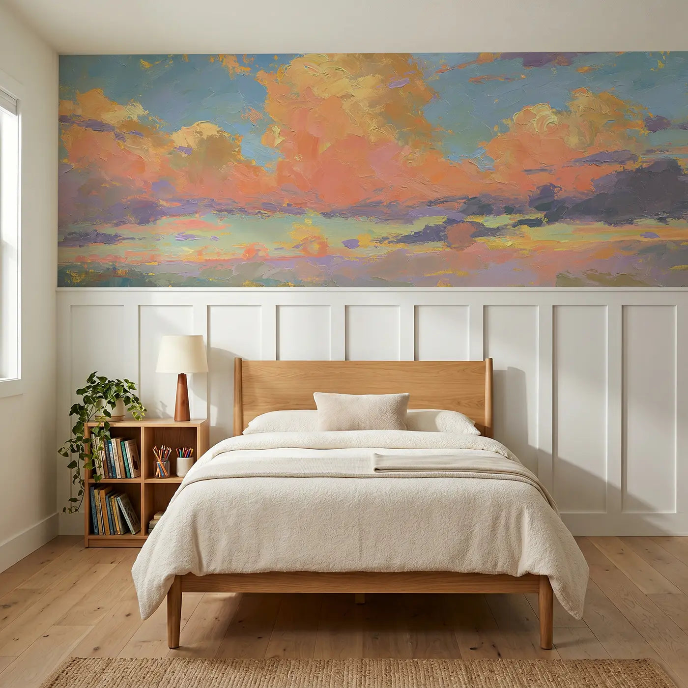 Painted Landscape dramatic sunset cloud sweep wainscoting wallpaper for bedroom by Whimsy Tots