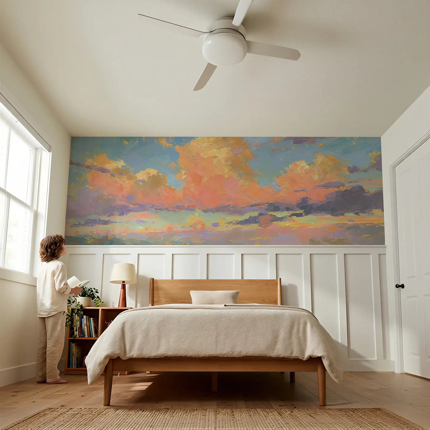 Child reading near Dramatic Sunset Cloud Sweep Wainscoting Wallpaper by Whimsy Tots