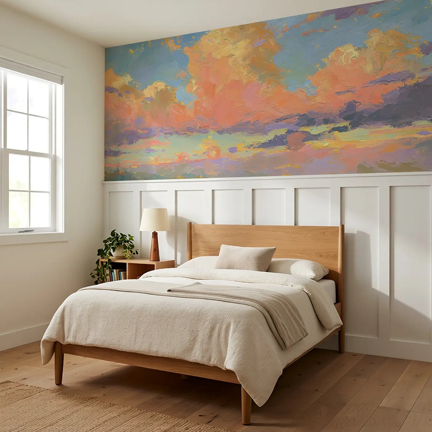 Dramatic Sunset Cloud Sweep Wainscoting Wallpaper styled in a kids bedroom by Whimsy Tots