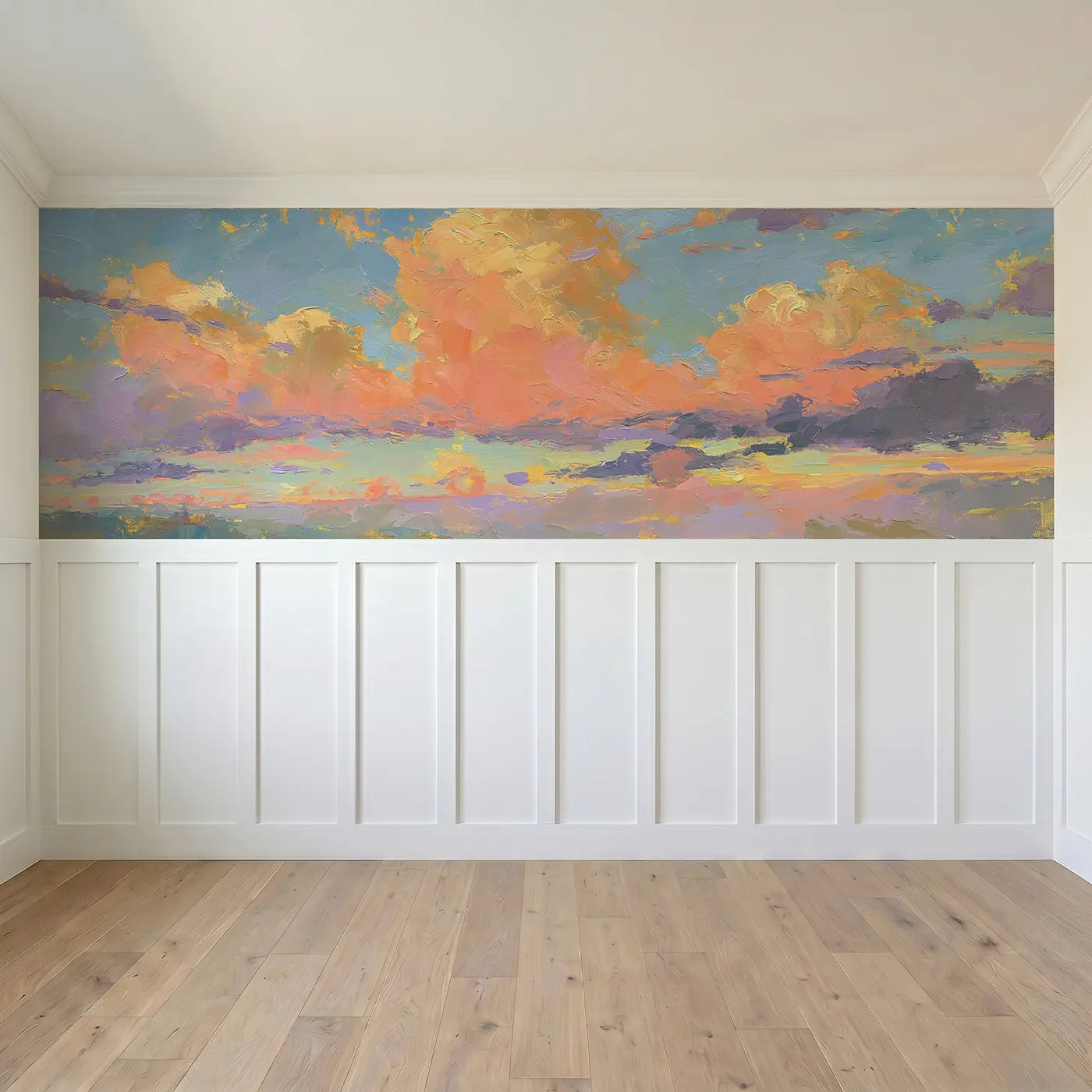 Full panel view of Dramatic Sunset Cloud Sweep Wainscoting Wallpaper by Whimsy Tots