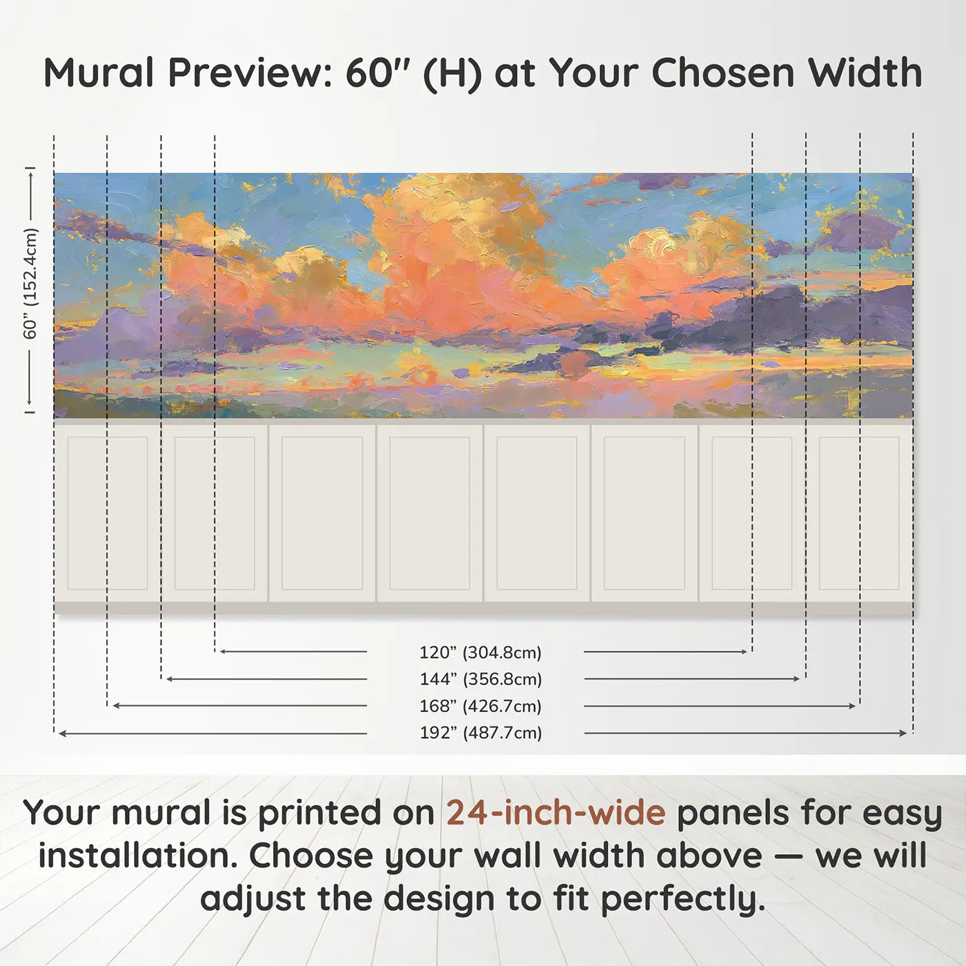 Panel dimensions for Dramatic Sunset Cloud Sweep Wainscoting Wallpaper by Whimsy Tots