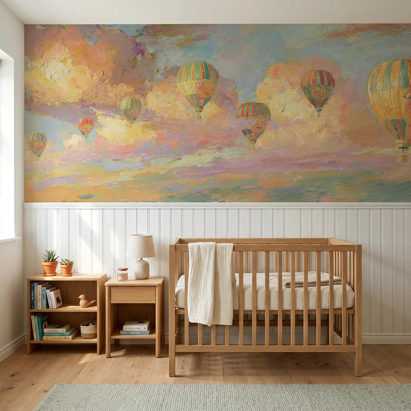 Painted Landscape balloon fleet golden hour wainscoting wallpaper for nursery by Whimsy Tots