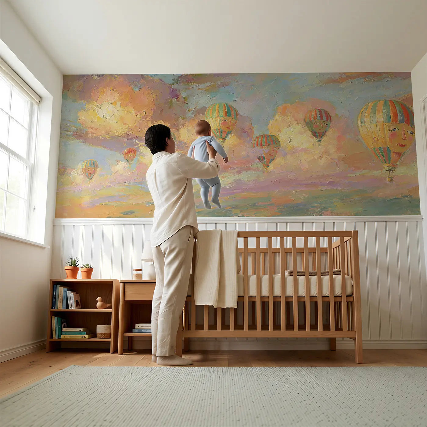 Child reading near Balloon Fleet Golden Hour Wainscoting Wallpaper by Whimsy Tots