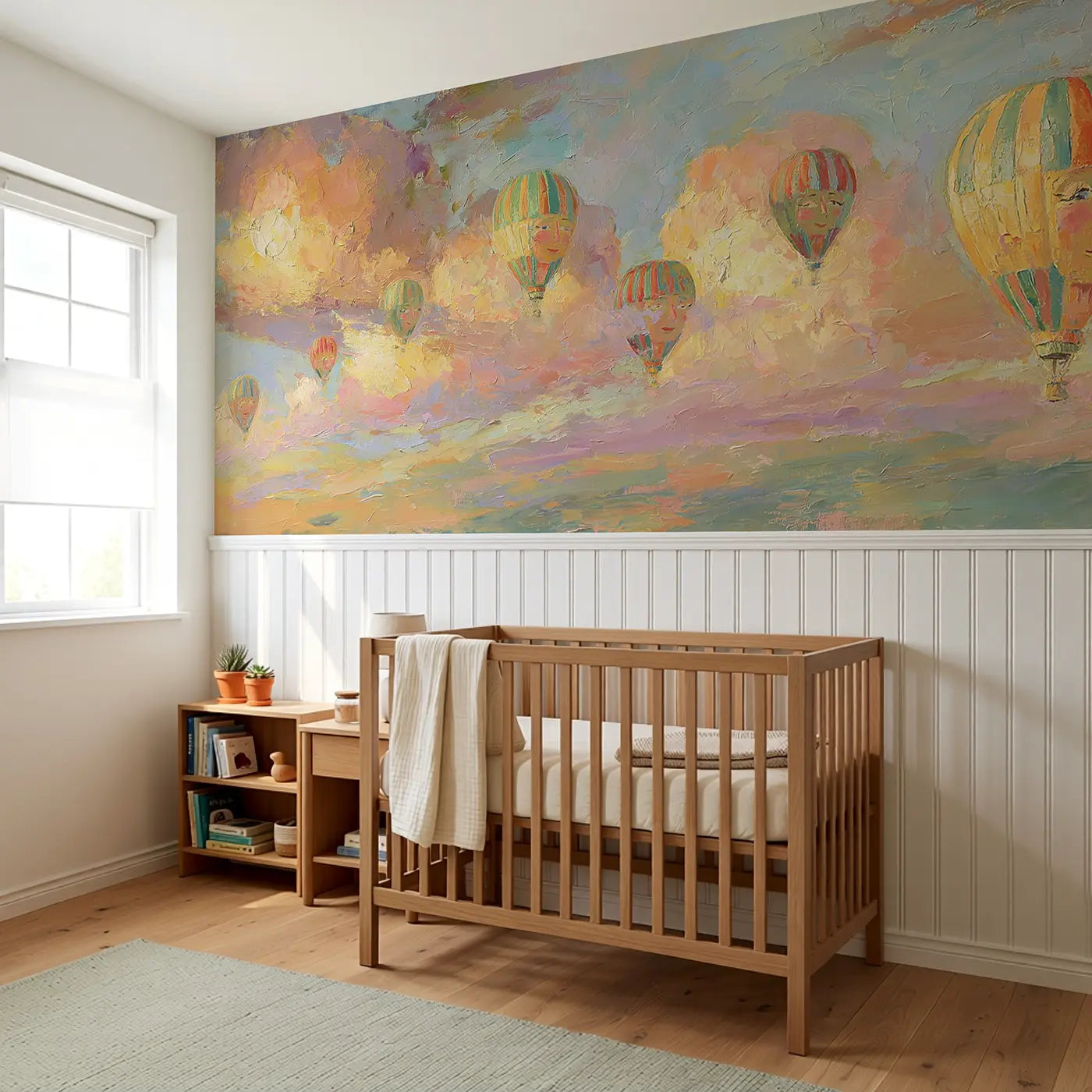 Balloon Fleet Golden Hour Wainscoting Wallpaper styled in a kids bedroom by Whimsy Tots