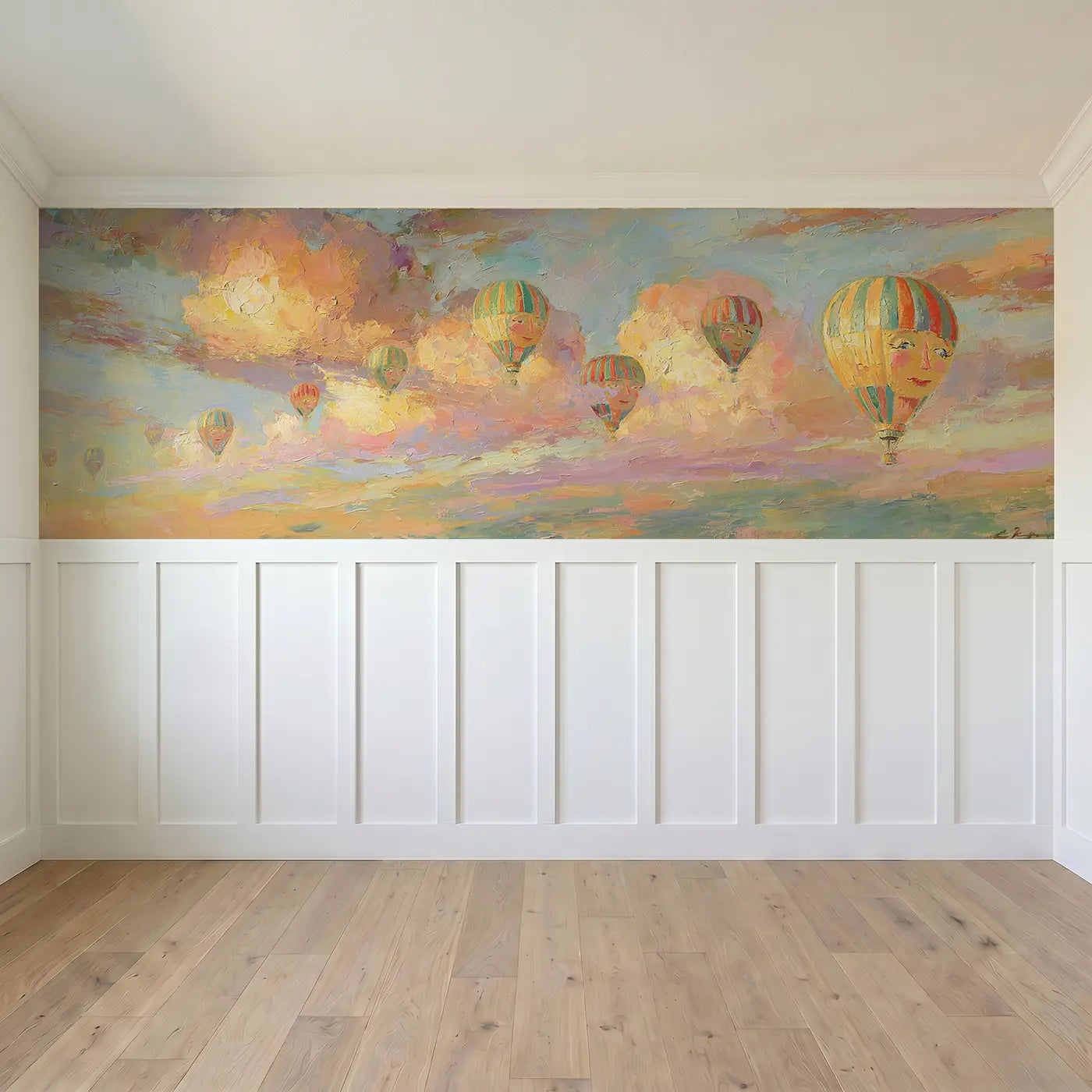 Full panel view of Balloon Fleet Golden Hour Wainscoting Wallpaper by Whimsy Tots