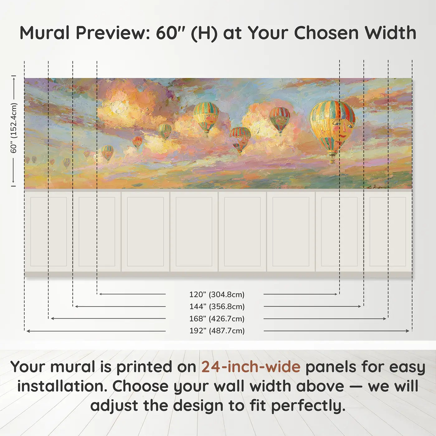 Panel dimensions for Balloon Fleet Golden Hour Wainscoting Wallpaper by Whimsy Tots