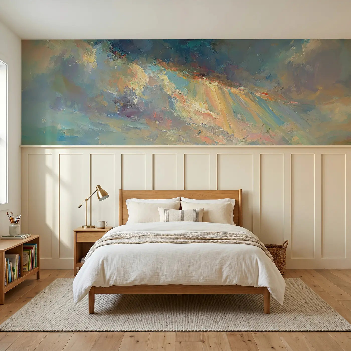 Painted Landscape storm break sunbeam through wainscoting wallpaper for bedroom by Whimsy Tots
