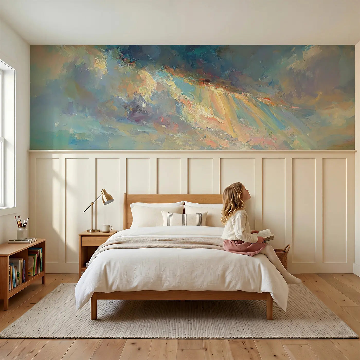 Child reading near Storm Break Sunbeam Through Wainscoting Wallpaper by Whimsy Tots