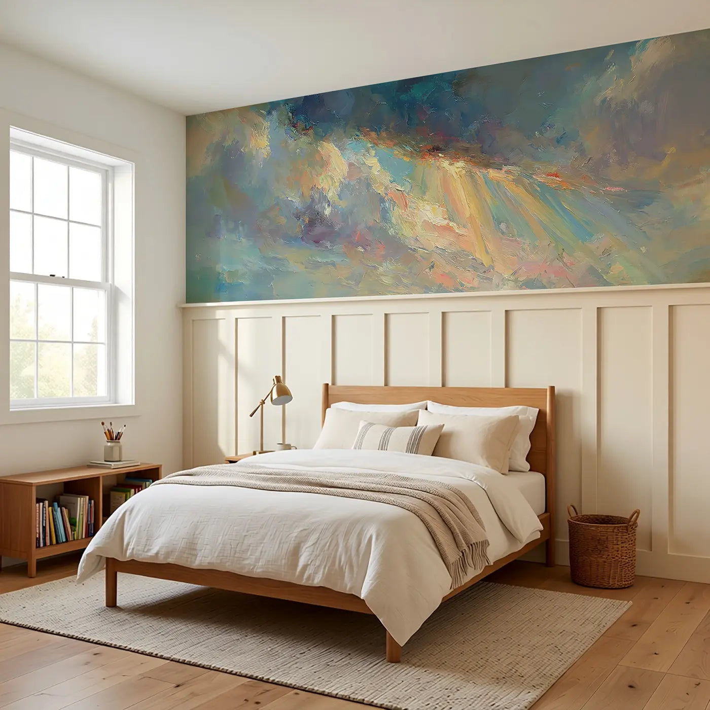 Storm Break Sunbeam Through Wainscoting Wallpaper styled in a kids bedroom by Whimsy Tots