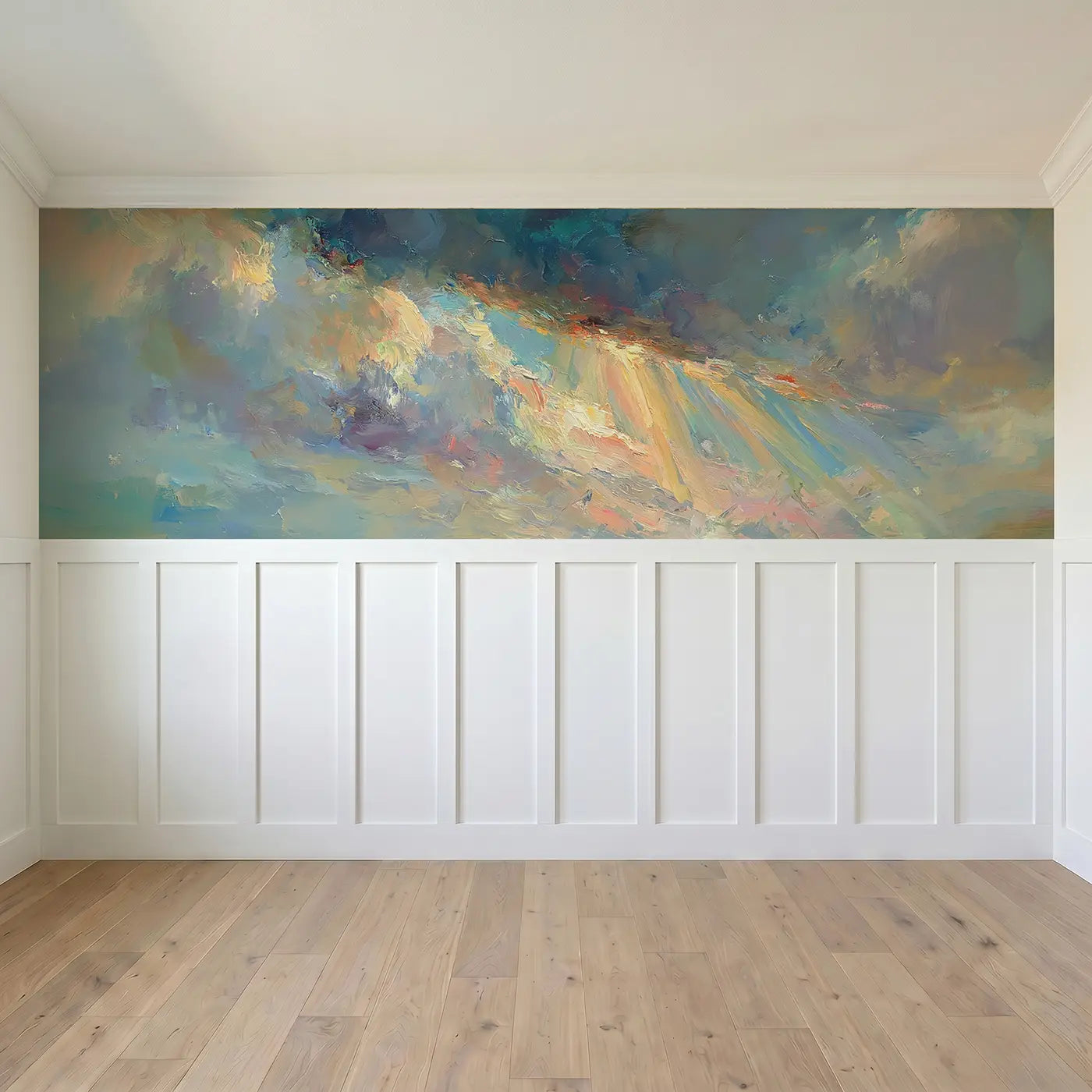 Full panel view of Storm Break Sunbeam Through Wainscoting Wallpaper by Whimsy Tots