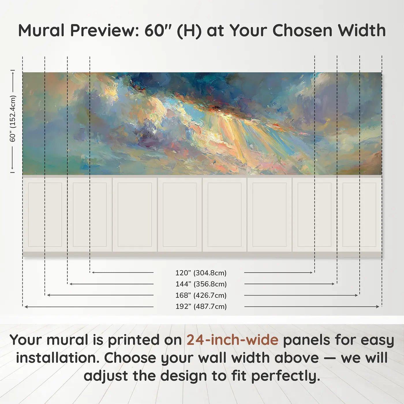 Panel dimensions for Storm Break Sunbeam Through Wainscoting Wallpaper by Whimsy Tots