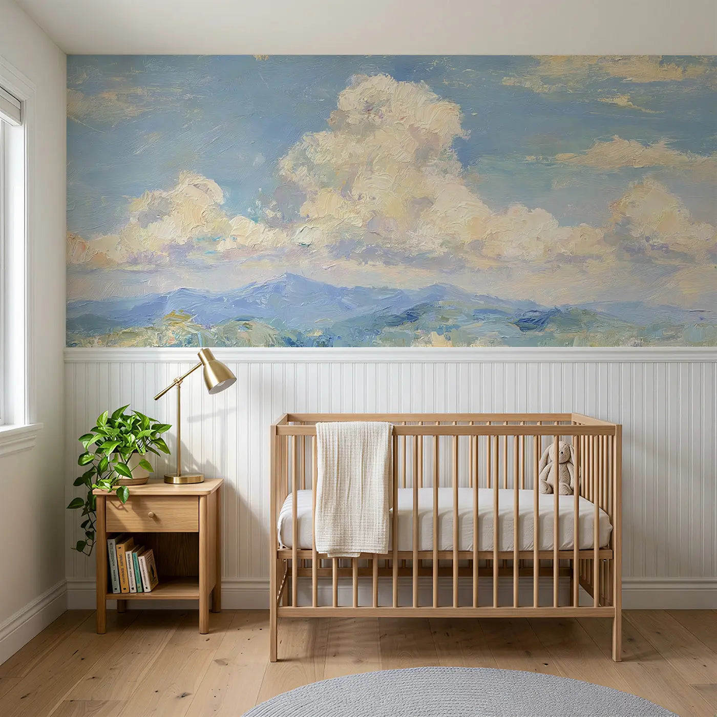 Painted Landscape oil paint cloud mountain view wainscoting wallpaper for nursery by Whimsy Tots