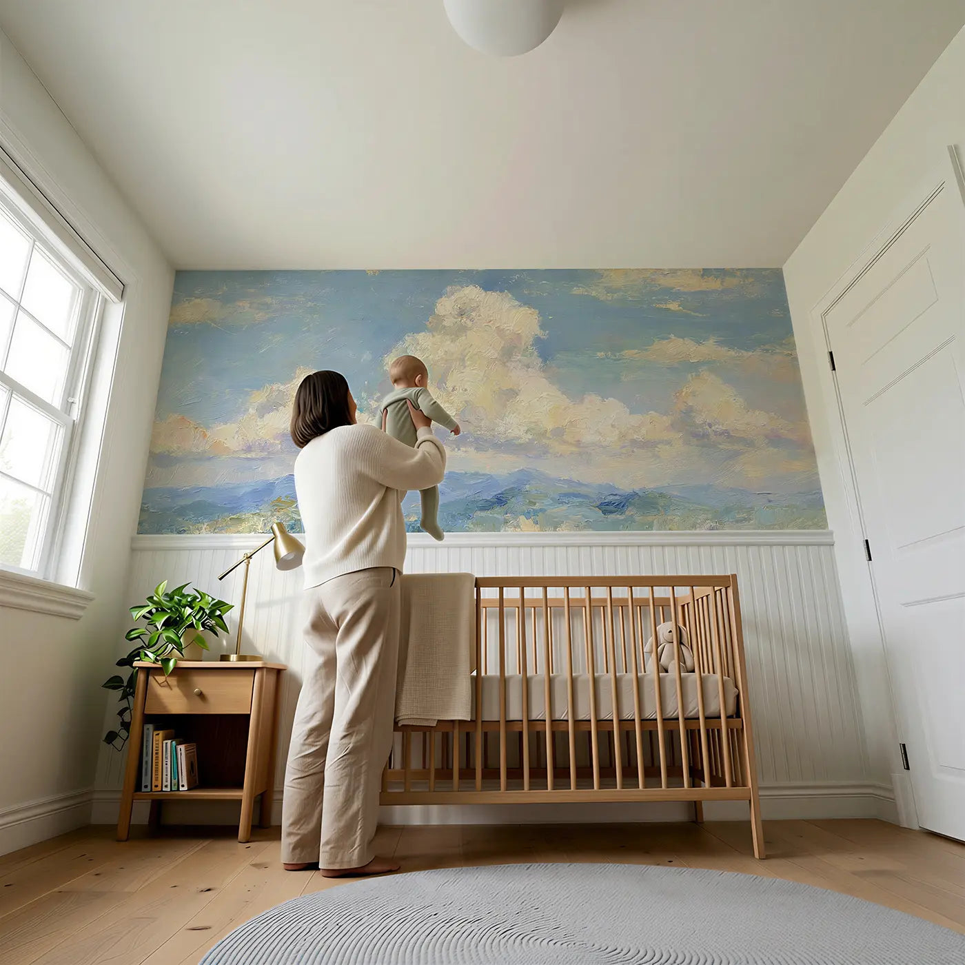 Child reading near Oil Paint Cloud Mountain View Wainscoting Wallpaper by Whimsy Tots
