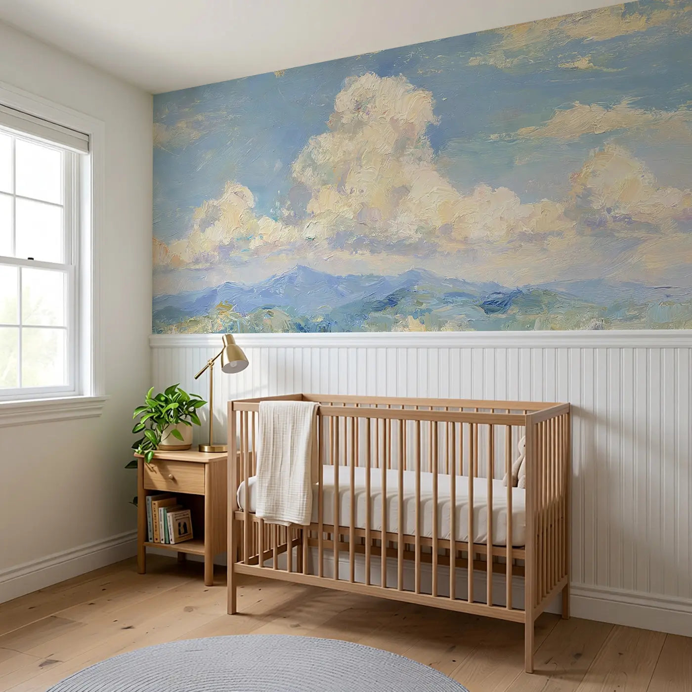 Oil Paint Cloud Mountain View Wainscoting Wallpaper styled in a kids bedroom by Whimsy Tots