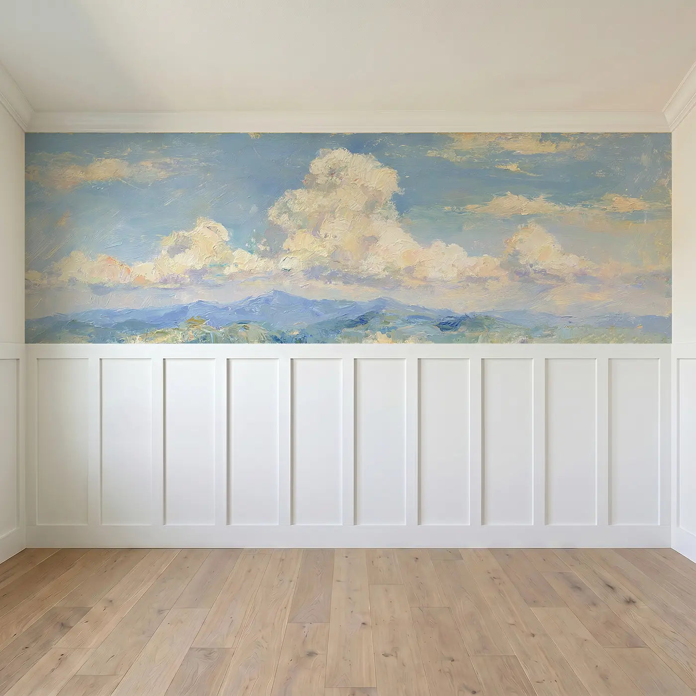 Full panel view of Oil Paint Cloud Mountain View Wainscoting Wallpaper by Whimsy Tots
