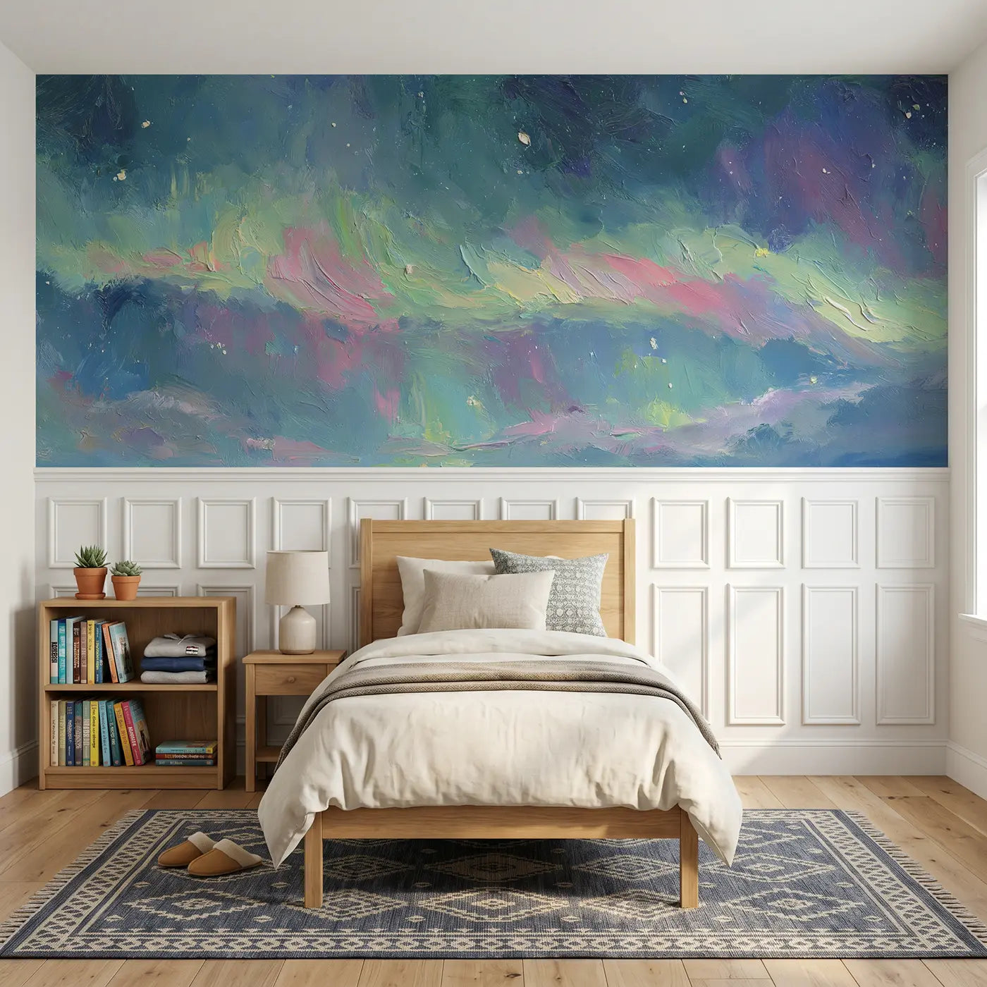 Painted Landscape aurora sky dancing lights wainscoting wallpaper for bedroom by Whimsy Tots