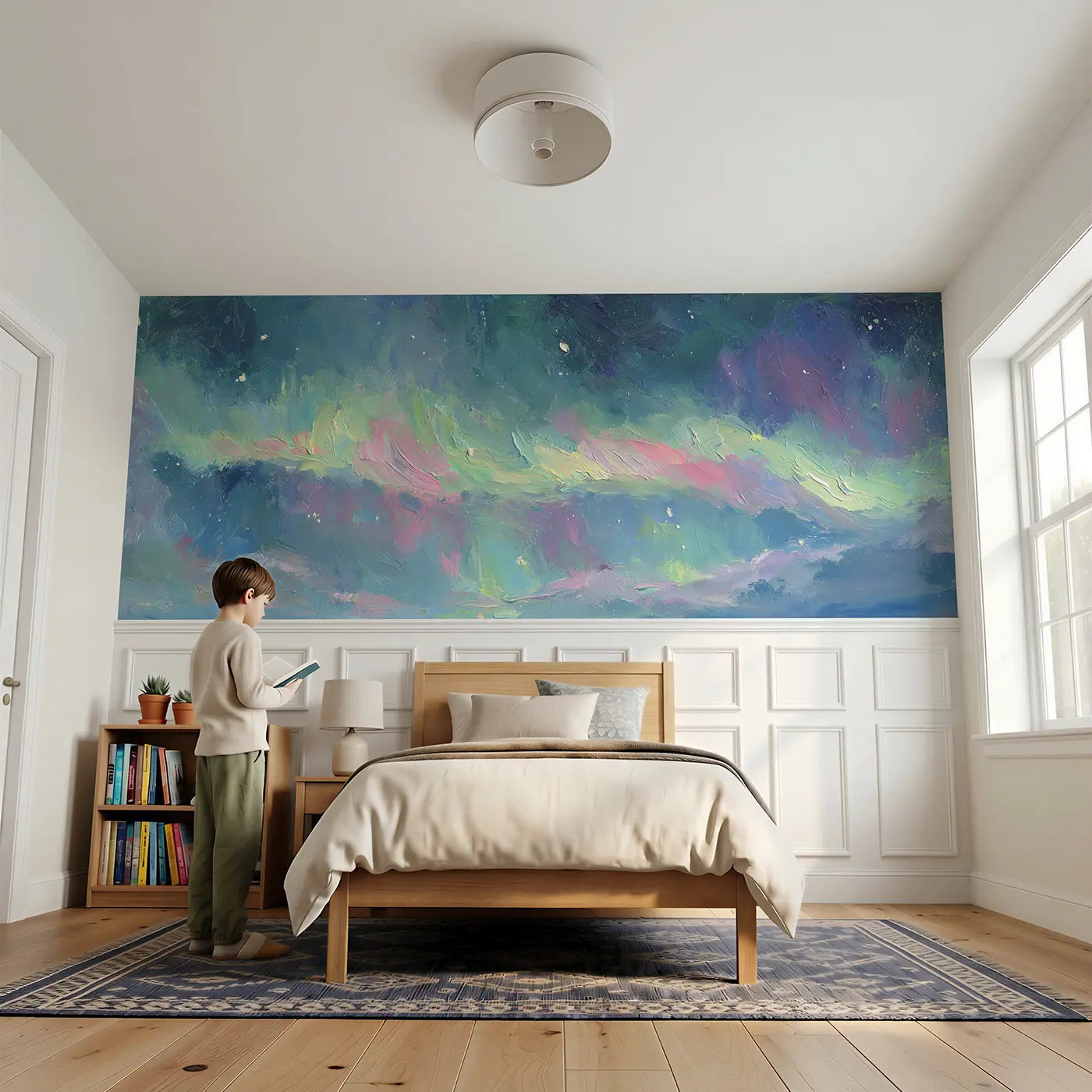 Child reading near Aurora Sky Dancing Lights Wainscoting Wallpaper by Whimsy Tots