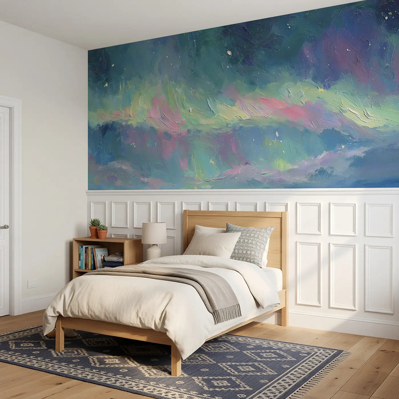 Aurora Sky Dancing Lights Wainscoting Wallpaper styled in a kids bedroom by Whimsy Tots