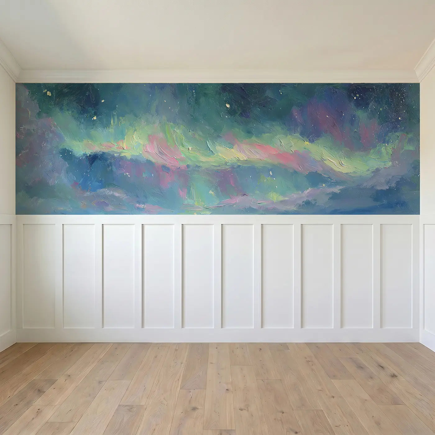 Full panel view of Aurora Sky Dancing Lights Wainscoting Wallpaper by Whimsy Tots