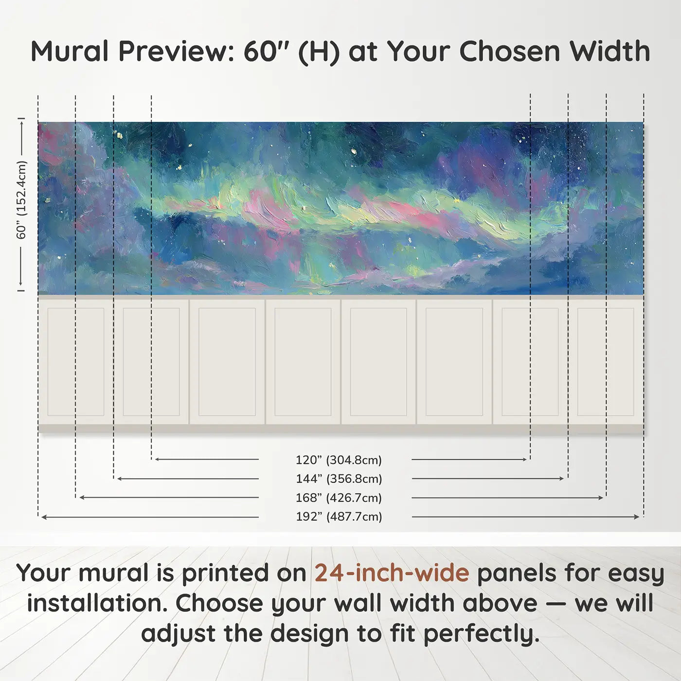 Panel dimensions for Aurora Sky Dancing Lights Wainscoting Wallpaper by Whimsy Tots