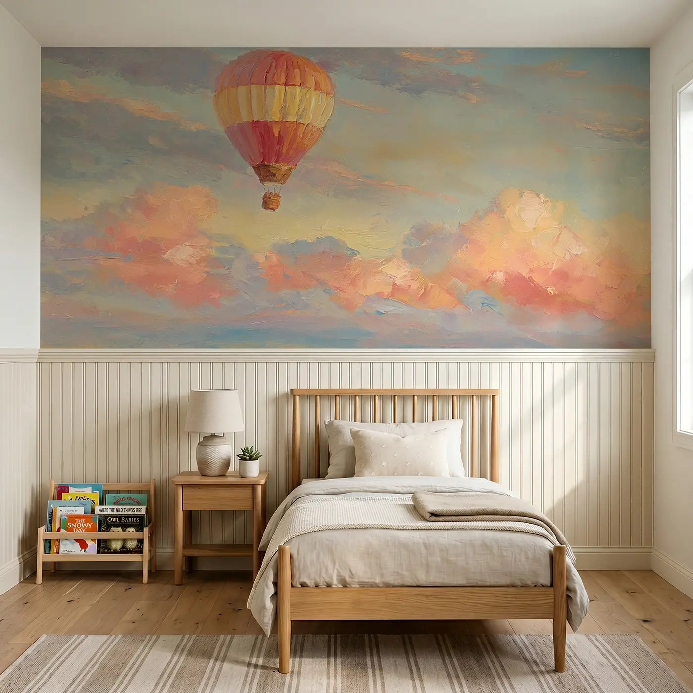 Painted Landscape single balloon sunrise solo wainscoting wallpaper for nursery by Whimsy Tots