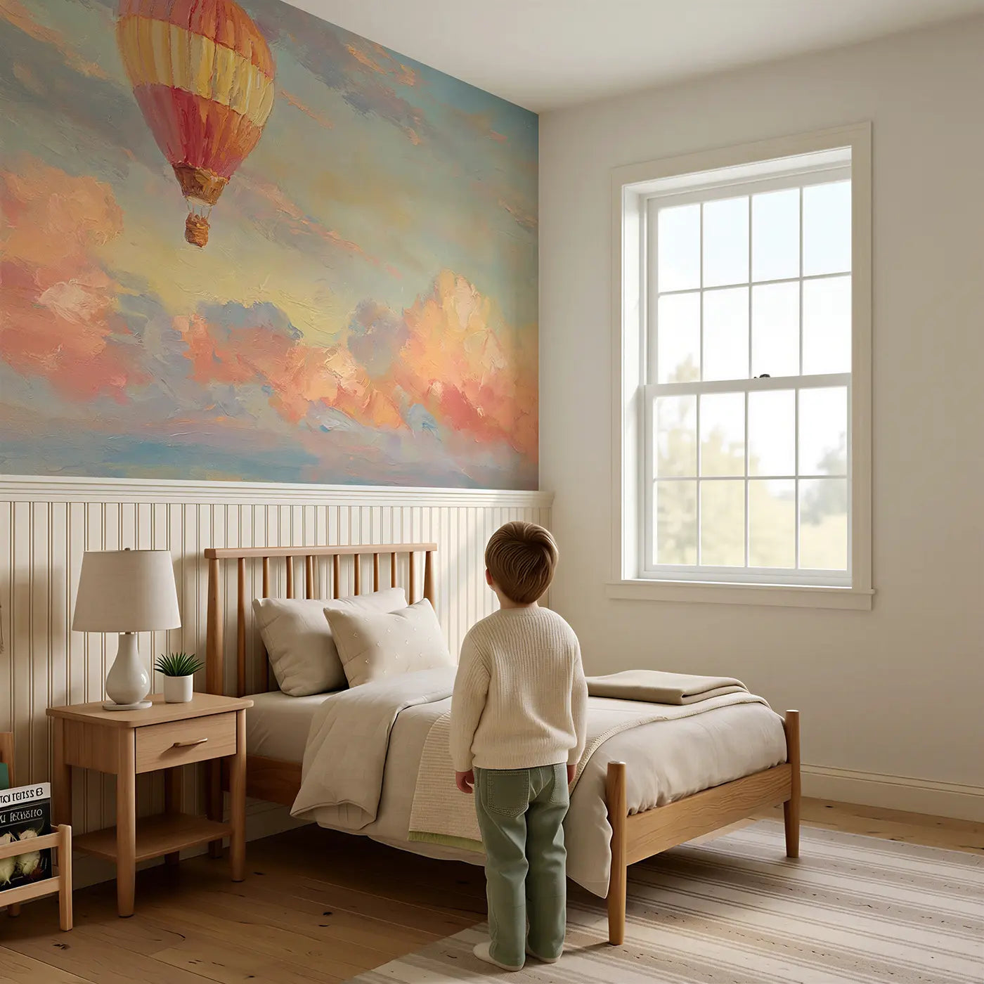 Child reading near Single Balloon Sunrise Solo Wainscoting Wallpaper by Whimsy Tots