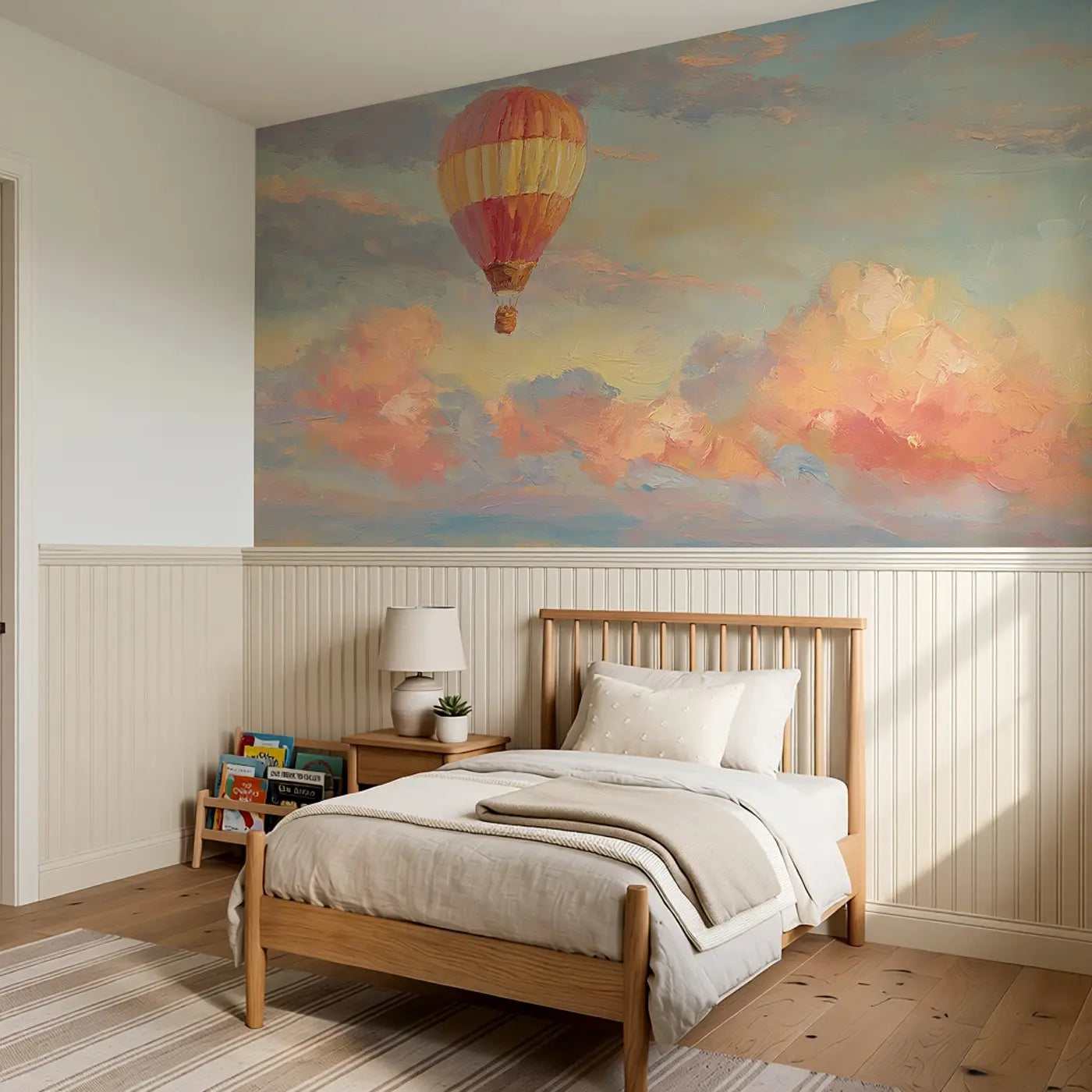 Single Balloon Sunrise Solo Wainscoting Wallpaper styled in a kids bedroom by Whimsy Tots